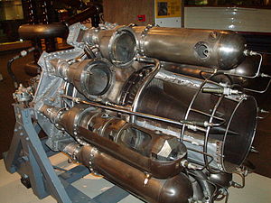 Power Jets W.2 for its initial installation in the Gloster E28/39 was tested with no diffusion from the turbine exit Mn of 0.8. The turbine blade annulus area was used for the length of pipe necessary to reach the tail of the aircraft. The exhaust reached the speed of sound at a low thrust but at the turbine temperature limit due to the excessive pressure loss and frictional heating. Diffusion was added behind the turbine with the cone shown to reduce the pipe entry Mach number.[109]