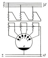 Three-phase full-wave rectifier with six anodes and three-phase external transformer with centre-tap on secondary side