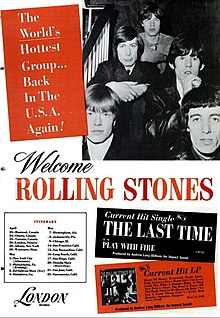 A black and white trade ad for the 1965 Rolling Stones' North American tour. The members of the band are sitting on a staircase with either their hands clasped, or arms folded, looking at the camera. From left: The front row contains Brian Jones, Bill Wyman; the second row contains Charlie Watts and Keith Richards; the third (and final) row contains Mick Jagger.