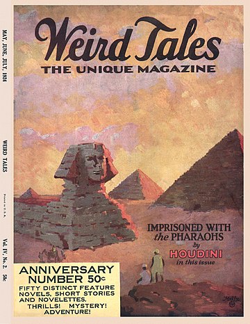 Capa da revista pulp Weird Tales, da edição de maio/junho/julho de 1924. Weird Tales é uma revista pulp americana de fantasia e ficção de terror fundada por JC Henneberger e JM Lansinger no final de 1922. A primeira edição, datada de março de 1923, apareceu nas bancas em 18 de fevereiro, mas dentro de um ano, a revista estava com problemas financeiros. Com Farnsworth Wright como o novo editor, a revista teve mais sucesso e, apesar de ocasionais contratempos financeiros, prosperou nos 15 anos seguintes. Sob o controle de Wright, a revista fez jus ao seu subtítulo, “The Unique Magazine”, e publicou uma ampla gama de ficção incomum. (definição 2 852 × 2 852)