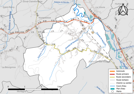 Carte en couleur présentant le réseau hydrographique de la commune