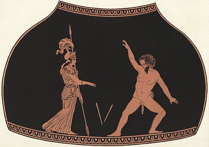 Athéna et Marsyas sur un vase attique à figures rouges, vers 440 av. J.-C. (Berlin 2418). Dessin de Gustav Hirschfeld, 1872.