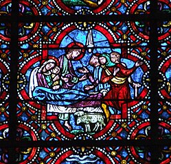 L'adoration des bergers, vitrail de la chapelle de la Vierge (première moitié du XIIIe siècle).