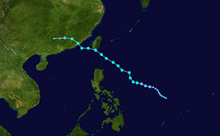 A track map of the path of a tropical storm over the western Pacific Ocean. The storm's track is generally west-northwestward, though it takes a couple brief detours to the north or west. The storm tracks over southern Taiwan and part of eastern China before dissipating.