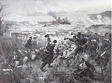 Reproduction en noir et blanc d'un tableau montrant des militaires au combat.