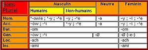 A table with headings in French showing plural noun declensions; the caption links to a text equivalent.