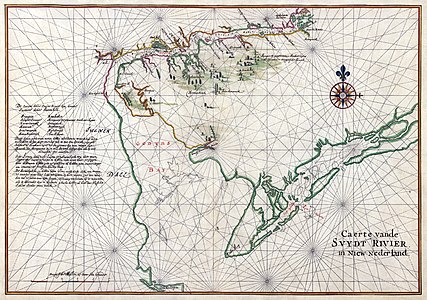 1639 nautical chart of the Delaware Bay, by Johannes Vingboons (edited by Durova, NW, and Adam Cuerden)