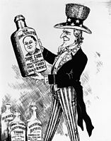 This political cartoon pays homage to Bureau of Chemistry Chief Chemist Harvey Wiley who led the fight to institute a federal law to prohibit adulterated and mis-branded food and drugs, which President Theodore Roosevelt signed in 1906 as the Pure Food and Drugs Act.