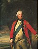 A 3/4 length portrait. Cornwallis, a portly man with white hair, wears a red military tailcoat and a blue sash over a white waistcoat and light-coloured pants. His right hand rests on a cane.