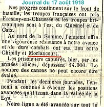 Journal relatant les combats à Morlancourt en août 1918.