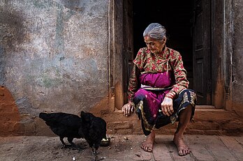 Une vieille femme népalaise de Bhaktapur, assise sur le seuil de sa porte, regarde ses poulets en train de se nourrir. (définition réelle 1 920 × 1 272)