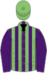 Purple and light green stripes, purple sleeves, light green cap