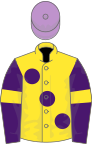 Yellow, large purple spots, purple sleeves, yellow armlets, mauve cap