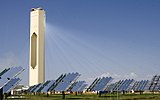 The PS10 Solar Power Plant concentrates sunlight from a field of heliostats onto a central solar power tower.