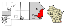 Location of Racine in Racine County, Wisconsin.