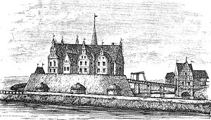 Riberhus, efter kopparstick i Braunii Theatrum Urbium från omkring 1595