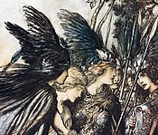 Dimitra Fimi compares Gondor's bird-winged helmet-crown to the romanticised headgear of the Valkyries. Illustration for The Rhinegold and the Valkyrie by Arthur Rackham, 1910[27]