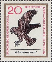 Timbre de 20 deutsche marks gravé représentant une buse en vol vue de profil.