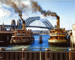 Kosciusko and Kubu, the last coal-fired steamer in Sydney, at Circular Quay, 1956