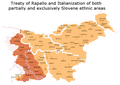 Image 11The annexed western quarter of Slovene ethnic territory, and approximately 327,000 out of the total population of 1.3 million Slovenes, were subjected to forced Fascist Italianization. On the map of present-day Slovenia with its traditional regions' boundaries. (from History of Slovenia)