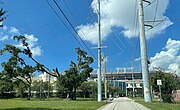 Road leading up to station (left) and Raymond James (foreground; center).