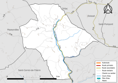 Carte en couleur présentant le réseau hydrographique de la commune