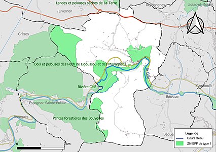 Carte des ZNIEFF de type 1 sur la commune.