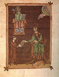 The scribe Bebo of Seeon Abbey, presenting his copy of St Gregory's Moralia in Job to Emperor Henry II, 11th century