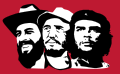 A flag with the faces of Camilo Cienfuegos, Fidel Castro, and Che Guevara.