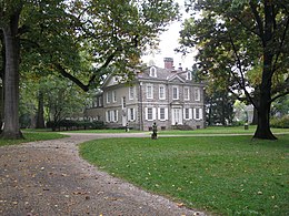 Photo shows Cliveden, also known as the Chew House, at 6401 Germantown Ave, Philadelphia. View is toward the east.