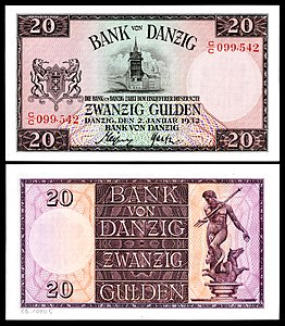 Twenty Danzig gulden, by the Free City of Danzig
