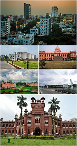 위에서 쿠존홀, 방글라데시 의회, 릭쇼, 카르완 바자르와 라바흐 켈라