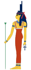 Isis stands in a composite pose, wearing the throne hieroglyph on her head, and holding an ankh and staff.