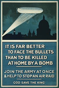 British recruiting poster from 1915 at German bombing of Britain, 1914–1918, by the Publicity Department of the Central Recruiting Depot (restored by Adam Cuerden)