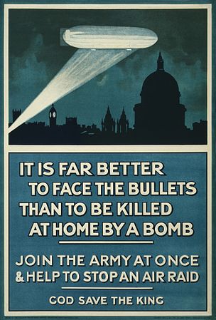 World War I British recruitment poster, showing a Zeppelin. (created by Publicity Department, Central Recruiting Depot; restored by Adam Cuerden)