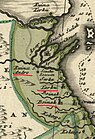 Тарки, Эндирей и Бойнак на карте — Nova Maris Caspi Et Region Usbeck Cum Provinces Adjacentibus vera delineatio. 1735-й год. Отмечено маркером.