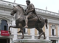 A closeup of the replica statue of Roman Emperor, Marcus Aurelius, 1981; the original c. 200 AD is in the nearby Capitoline Museum, Rome
