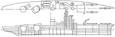A line drawing of a ship with two stern gun turrets, both on the centerline, and catapults and a crane forward for aircraft
