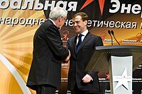 President Medvedev and Bowman at the podium