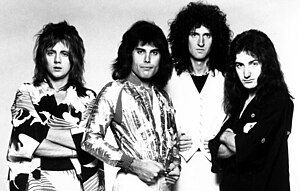 Queen in 1975. From left to right: Roger Taylor, Freddie Mercury, Brian May, and John Deacon