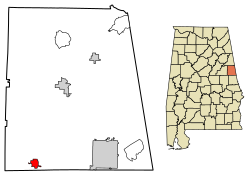 Location of Wadley in Randolph County, Alabama.