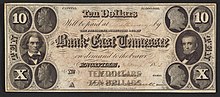 10 dollar 1855 banknote printed by the Bank of East Tennessee in Knoxville; Inscription: "Ten dollars wil be paid at ___ by THE PRESIDENT, DIRECTORS & Co. OF THE BANK OF EAST TENNESSEE on demand to the bearer. Knoxville, ___ 18__".