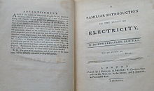 Open book, showing title page and advertisement from Priestley's Familiar Introduction to Electricity