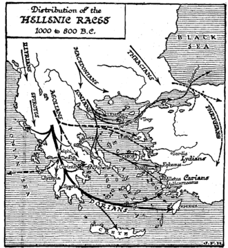 Map showing several population movements, including the Dorians, Aeolians and Ionians, as arrows moving into Greece: the Dorians start from central Thessaly and spread into the Peloponnese and towards Italy and Rhodes.