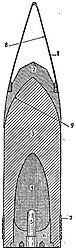 Современный[8] бронебойный снаряд американской 16″ пушки 50 кал. дл. 1 — баллистический наконечник, 2 — бронебойный наконечник, 3 — корпус снаряда, 4 — разрывной заряд, 5 — взрыватель, 6 — ввинтное дно, 7 — ведущий поясок, 8 — радиус 9 кал., 9 — радиус 1,5 кал.