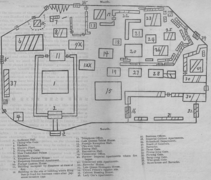 Homer Hulbert's rough map of the palace and the damage the fire caused. Buildings with diagonal lines through them were unaffected by the fire.[28]