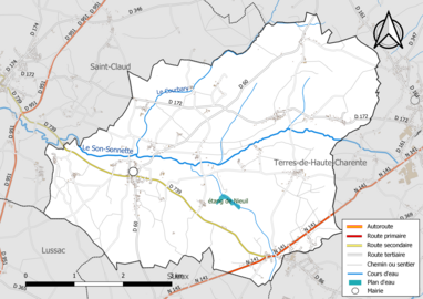 Carte en couleur présentant le réseau hydrographique de la commune