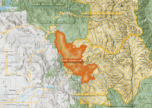 The irregular footprint of the KNP Complex Fire stretches from northwest to southeast within the boundaries of the national park