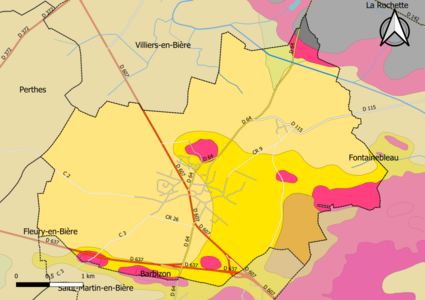 Carte montrant en couleurs le zonage géologique simplifié d'une commune