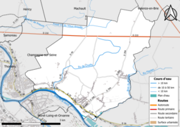 Carte en couleur présentant le réseau hydrographique de la commune